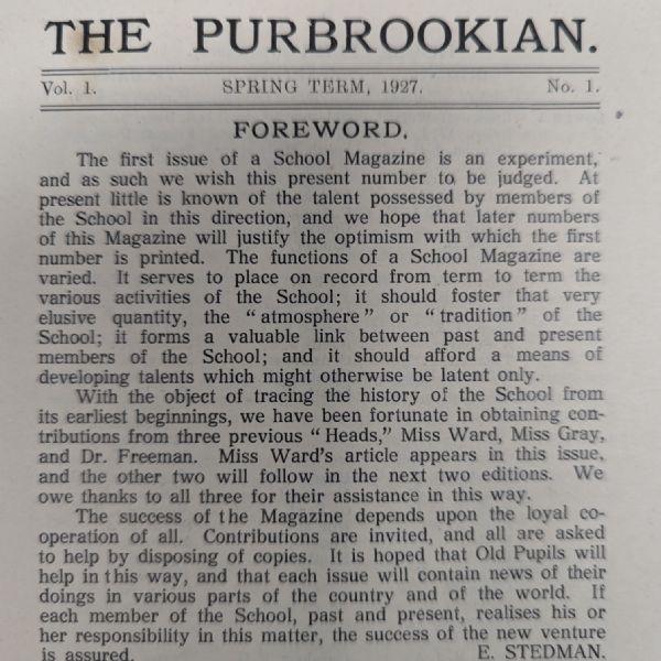 Purbrookian 1927 Foreward